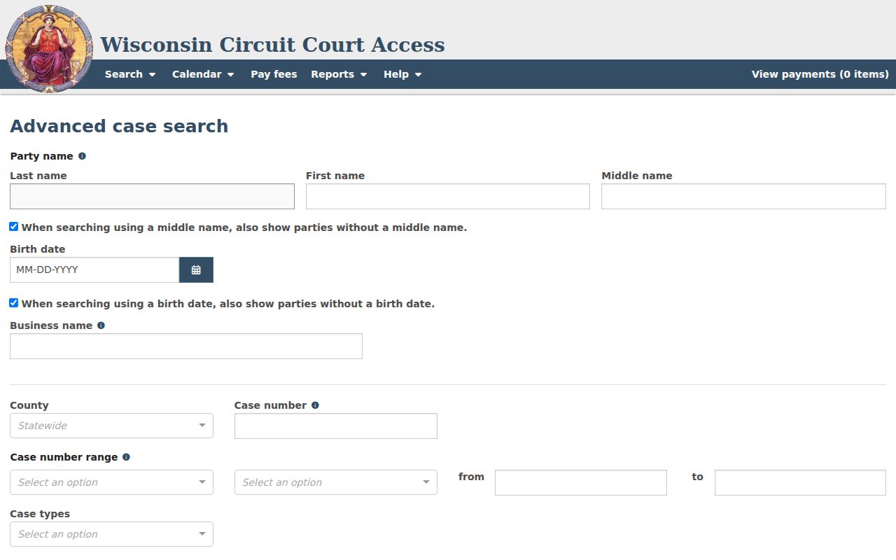 Marinette County case search advanced WCCA fields