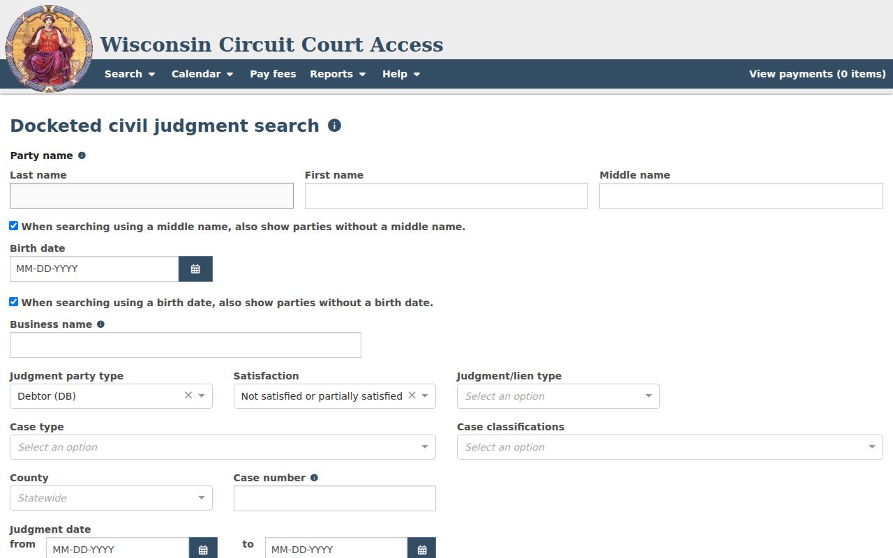 WCCA docketed civil judgment search fields for Marinette County