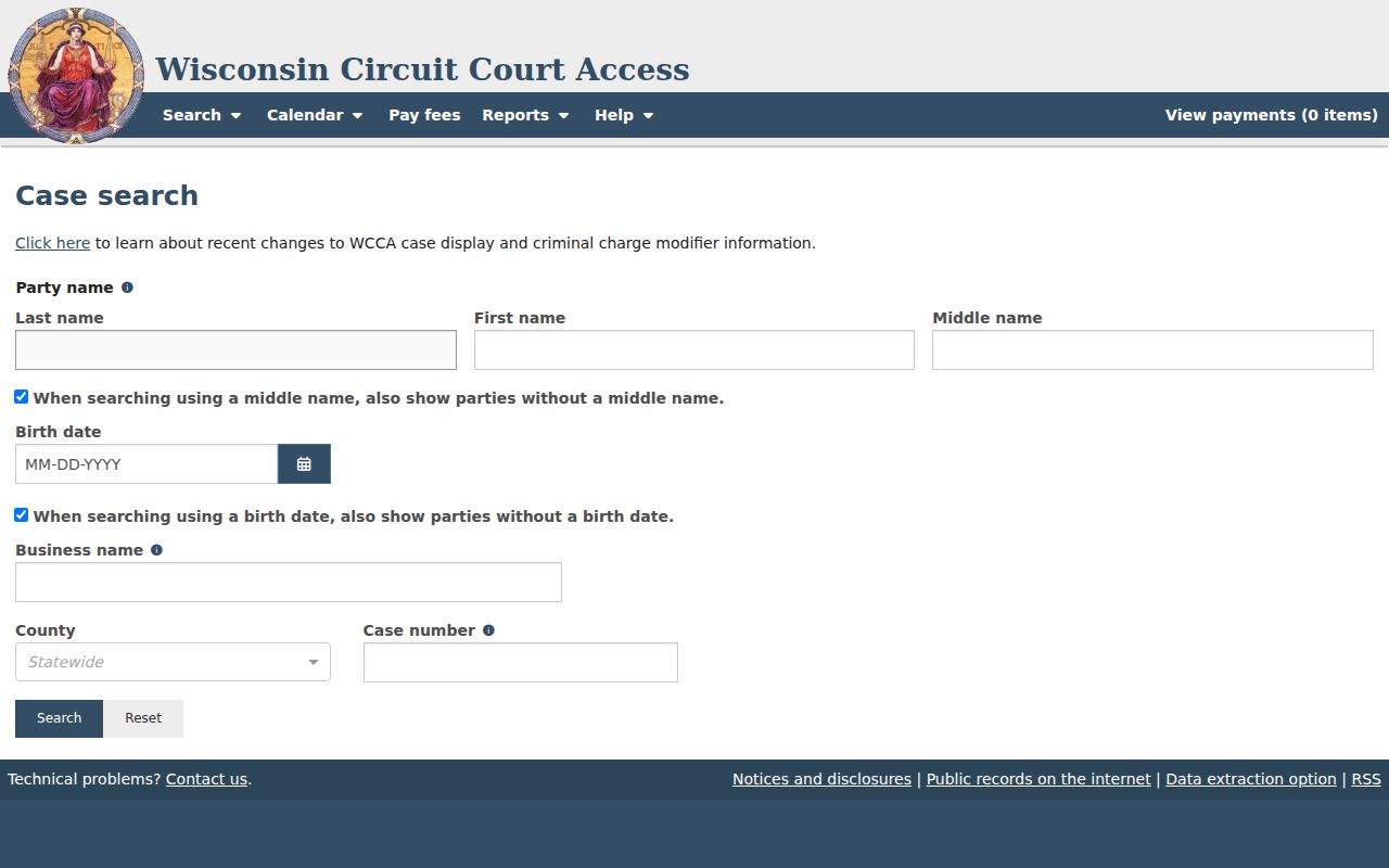 Marinette County case search simple WCCA controls