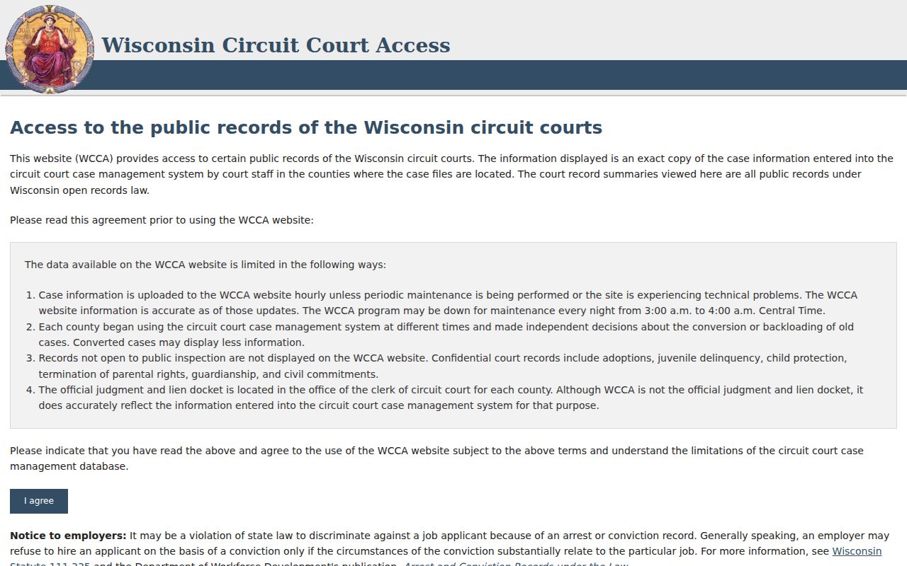 Marinette County case search WCCA landing interface
