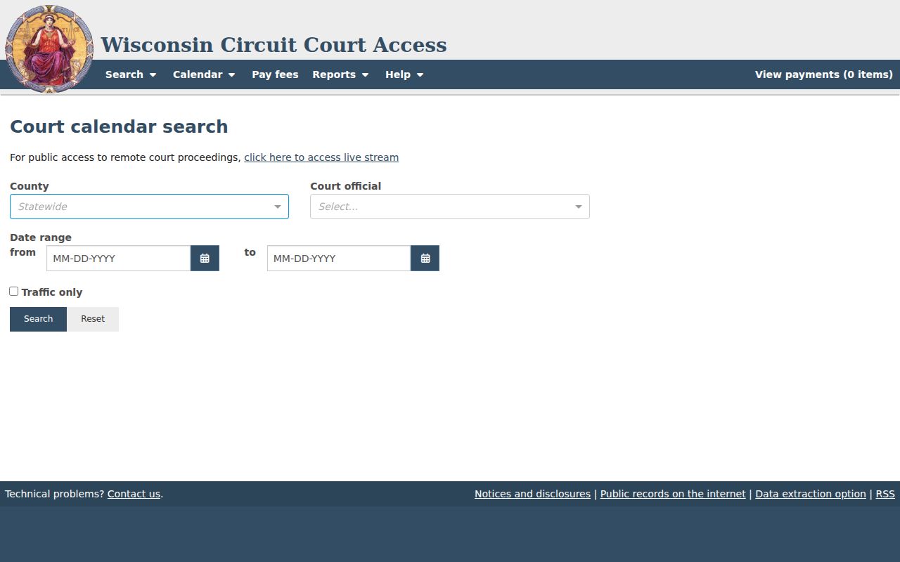 Marinette County court calendar official search fields