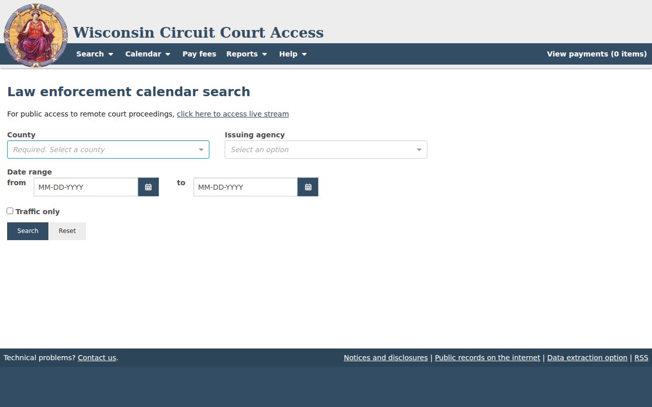 Marinette County court calendar agency search