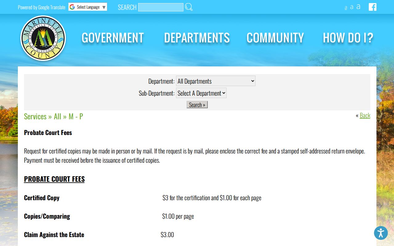 Marinette County court records probate fee schedule