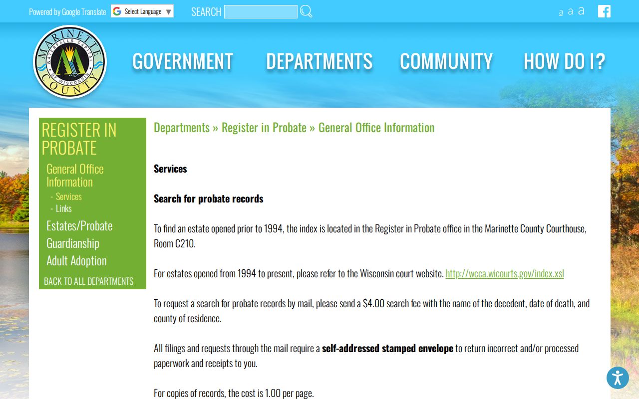 Marinette County court records probate search and copy instructions