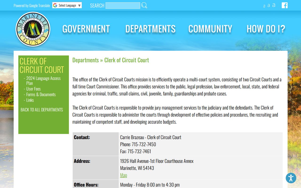 Marinette County docket records clerk information