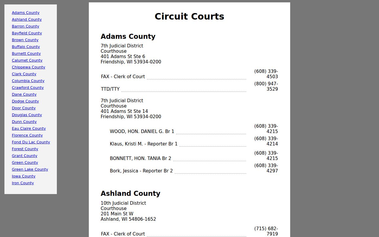 Wisconsin official directory for Marinette County court records